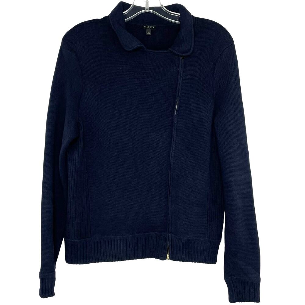 Talbots Petite blue full zip knit cardigan sweater preppy women's size LP